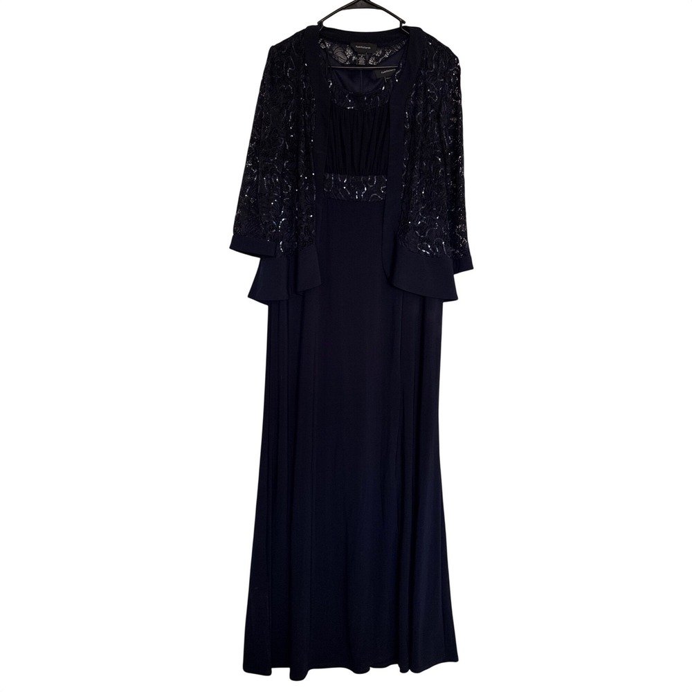 R&M Richards Navy Blue Lace Sequin Gown with Jacket Set Womens 12 Formal Evening